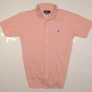 Ralph Lauren Sz 16.5 L Button Down Shirt Men Short Sleeve Pink Salmon Polo Golf